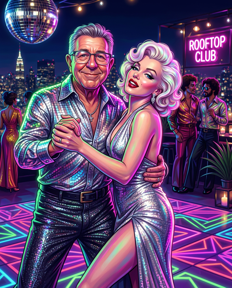A player dancing with a glamorous starlet on a neon rooftop disco floor